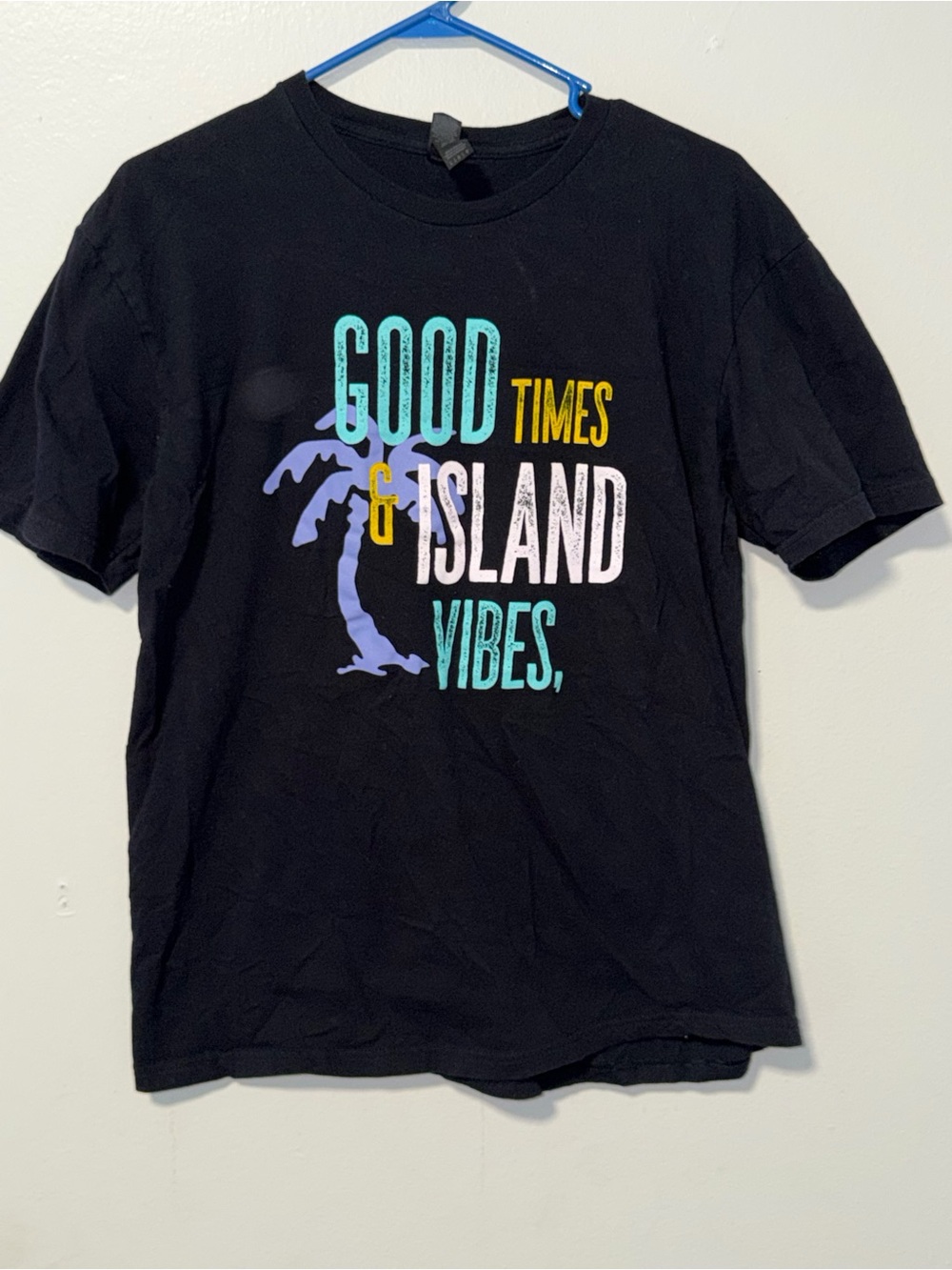 Gildan Black Tee with Aqua, Yellow, Purple & White Island Graphic
